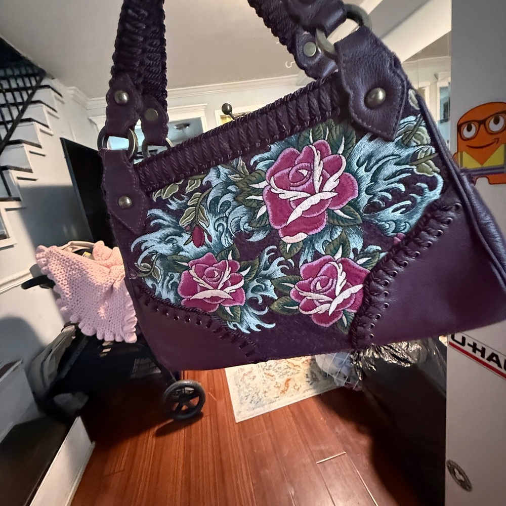 Isabella Fiore Purple and Pink Shoulder Bag with Floral Design